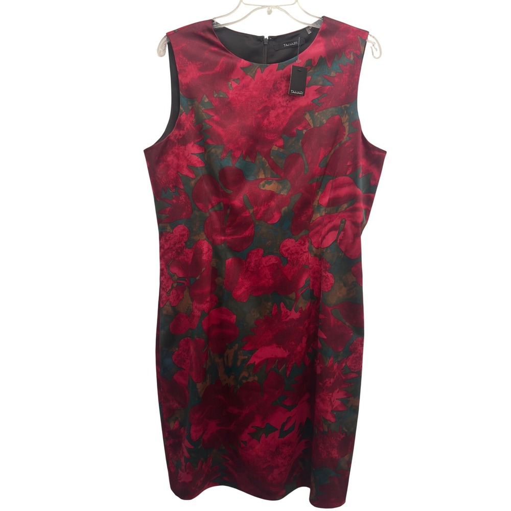 Tahari Kristen Sheath Dress Red Green Forest Floral Sleeveless Size 14 NWT